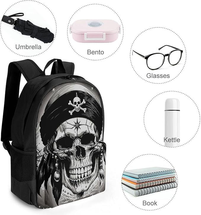 Lightweight Daypack for Camping Business Walking Cycling, Large Capacity Anti-Theft Multipurpose Bookbag, 3D Pirate Skull Gym Outdoor Hiking Backpack