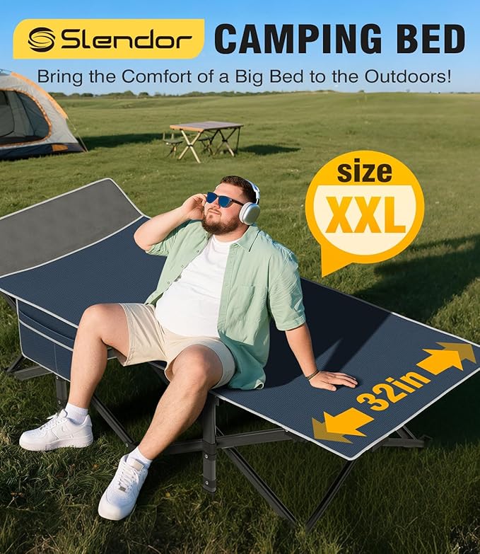 Slendor XXL Camping Cot, Oversized Cot for Adults, 79" L x 32" W x 19" H Sleeping Bed with Mattress, Carry Bag, Folding Camping Cot Bed for Travel, Guest, Support 900lbs