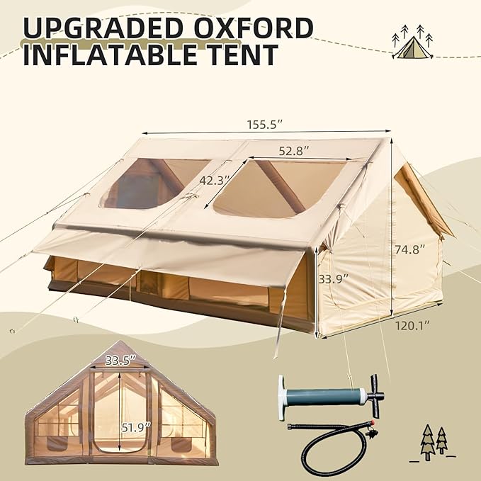 YOLENY Inflatable Tents for Camping, 6-12 Person Blow Up Tent with TPU Skylight, Canopy, Mesh Windows, Stove Jack & Pump, 4 Season Large Inflatable Tent, Waterproof & Windproof