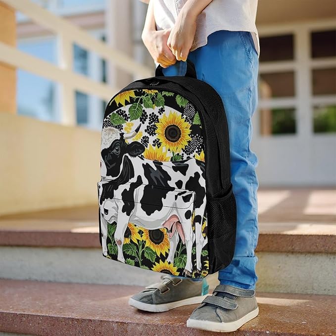 Supdreamc Polyester Daypack Backpack for Trekking Picnic Walking Cycling, Large Capacity Anti-Theft Multipurpose Shoulder Bag, Farm Cow Sunflower Print Casual Daypack