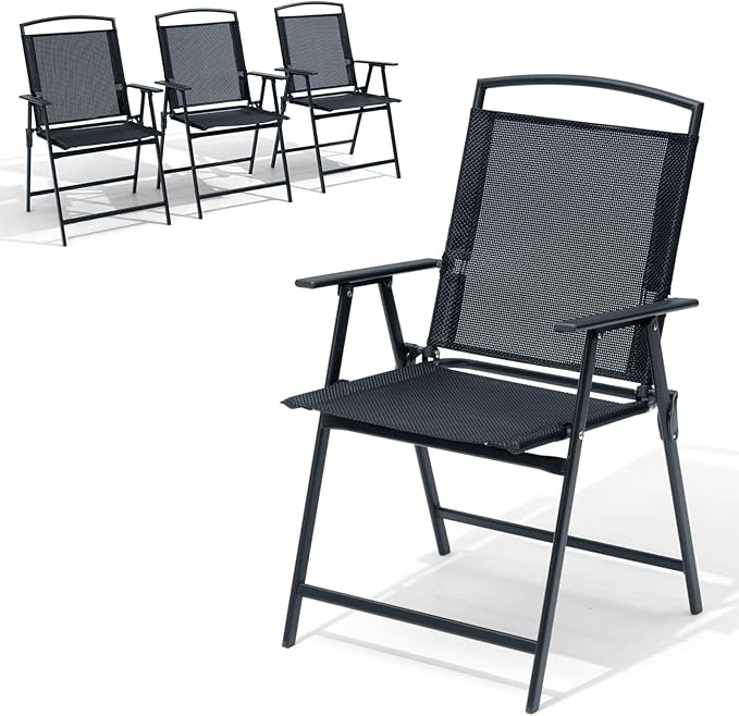 Crestlive Products Patio Folding Chairs Set of 4, Outdoor Folding Chairs with Durable Rust-Resistant Frame and Breathable Textilene Material for Outside, Black