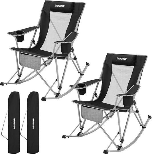 FUNDANGO Rocking Camping Chair, 2 Pack High Mesh Back Portable Folding Camp Chairs with Pillows, Cup Holder and Carry Bag for Lawn Patio Garden Outdoor Supports 300 Lbs (Black/Grey)
