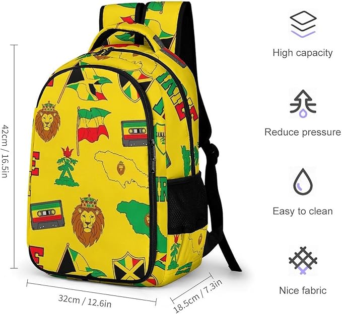 Sturdy Laptop Backpack Rasta Lion Jamaican Reggae Flag Map Magnetic Tape, Anti Theft Water Resistant Travel Business Bag with Water Bottle Pockets Gifts for Men Women