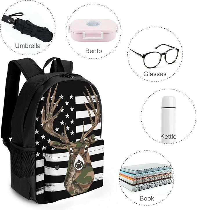 Supdreamc Lightweight Daypack Bookbag for Trekking Business Walking Cycling, Big Capacity Anti-Theft Multipurpose Carry On Bag, Camo Deer Hunting Camouflage Usa Flag Business Computer Bag