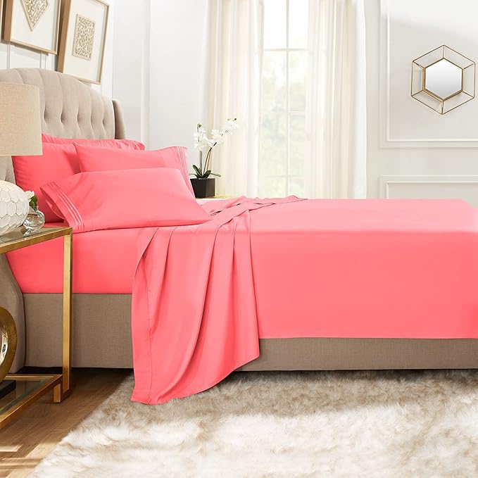 Clara Clark Full Sheets, 6 Piece Set - Hotel Luxury Bed Sheets, Super Soft Bedding Set, Full Size, Coral Pink