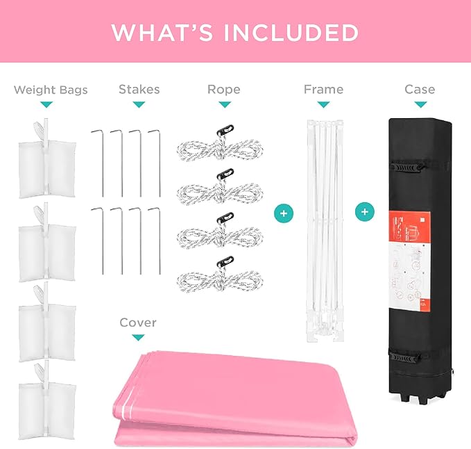 Best Choice Products 12x12ft Pop Up Canopy Tent, Outdoor Shade, 1 Person 1 Minute Set Up, Carry Case, 4 Weight Bags - Pink/White