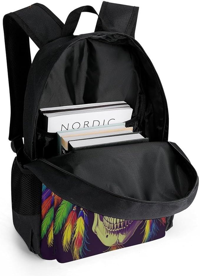 Polyester Daypack Backpack for Trekking Picnic Walking Cycling, Large Capacity Anti-Theft Multipurpose Shoulder Bag, Indian Skull Chief Native Art Casual Daypack