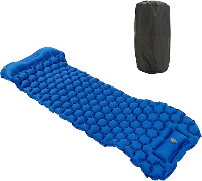 Inflatable Camping Sleeping Pad Mat, Ultra Lightweight Air Cushion Mattress for Tent Hiking Travel, 2 Way Valve Design with 40D Nylon Fabric and TPU Laminate, Compact Foldable (Blue)