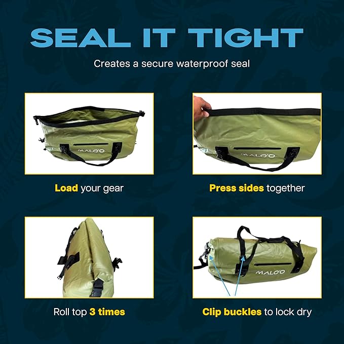 Malo’o Waterproof Dry Duffel, Heavy-Duty Roll Top Waterproof Gear Bag with Shoulder Strap & Molle Loops, Marine Duffel for Kayaking, Boating, Camping, Beach & Travel, Dark Green, 100L