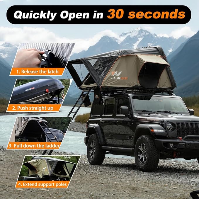 Naturnest Sirius 1 Hardshell Rooftop Tent, Clamshell Pop Up Car Roof Tent for 2-3 Person Camping, Waterproof UV-Resistant 4 Season Overland Tent for SUV, Truck, Jeep, Van, Trailer