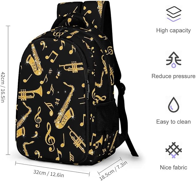 Laptop Backpack Saxophone Trumpets Music Gold Black, Sturdy Water Resistant College Bookbag with Water Bottle Pockets for Business Travel Commute