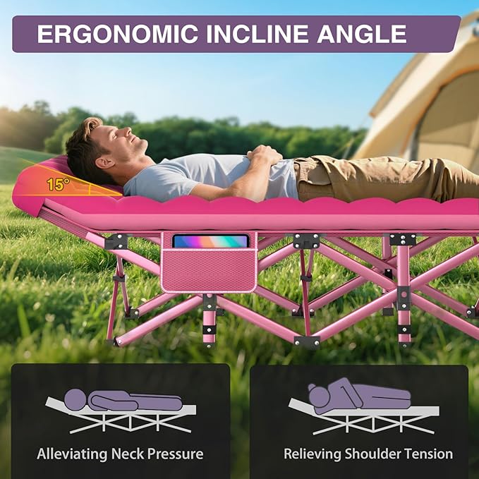 ZENPETIO Camping Cot for Adults - Heavy-Duty Cot Bed with Mattress, Portable Sleeping Cots for Outdoor Indoor, 1200D Oxford Folding Cots for Home Travel, Max Load 500LBS, Fits People up to 6'3", Pink