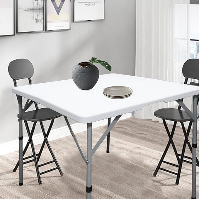 34 Inch Square Folding Table - Resin Square Card Table with Handles, Fold-in-Half, Indoor Outdoor Use for Crafting, Puzzles, Camping, Picnics, Parties and Utility