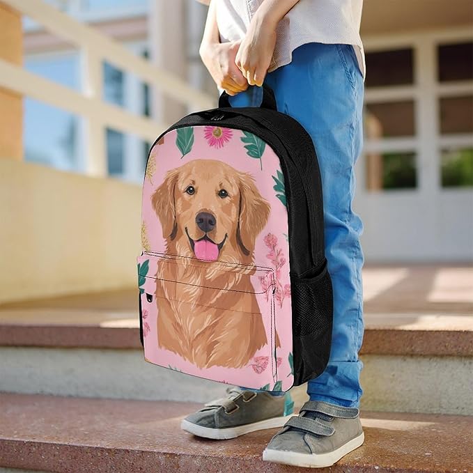 Supdreamc Men Women Lightweight Cute Golden Retriever Dog Pink Casual Daypack Big Capacity Bookbag With Padded Straps for Gym Travel Walking Cycling