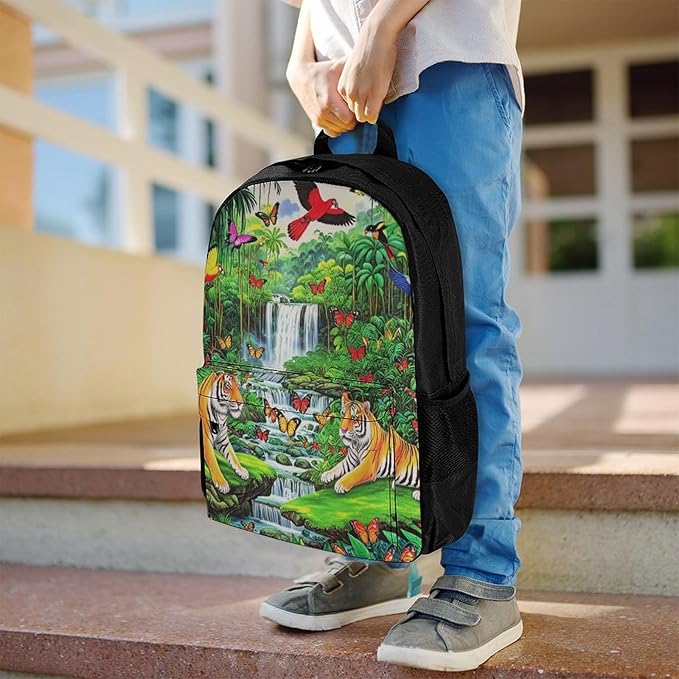 Supdreamc Daypack Bookbag Multipurpose Anti-Theft Big Capacity Carry On Bag, King Of The Tiger Tropical Rainforest Landscape Jungle Parrot Birds Travel Hiking Camping Rucksack With Padded Straps