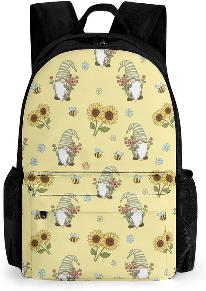 Men Women Polyester Yellow Sunflower Honey Bees Cute Gnome Floral Backpack Large Capacity Bookbag With Smooth Zippers for Climbing Picnic Bicycle