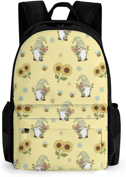 Men Women Polyester Yellow Sunflower Honey Bees Cute Gnome Floral Backpack Large Capacity Bookbag With Smooth Zippers for Climbing Picnic Bicycle
