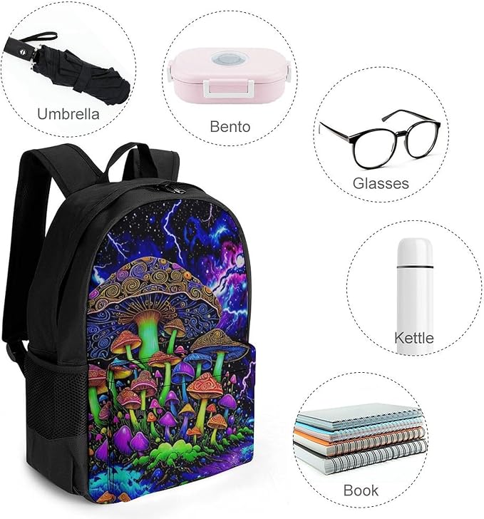 Supdreamc Daypack Backpack Multipurpose Anti-Theft Large Capacity Bookbag, Psychedelic Magic Mushrooms Trippy Galaxy Space Art Travel Hiking Camping Rucksack With Adjustable Shoulder Straps