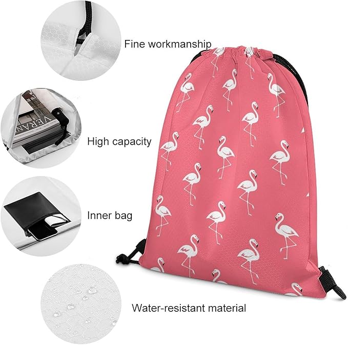 Theft Proof Drawstring Bag Water Resistant Cinch Sack Gym Sport Backpack for Travel Camping, Pink Flamingos Pattern Bags