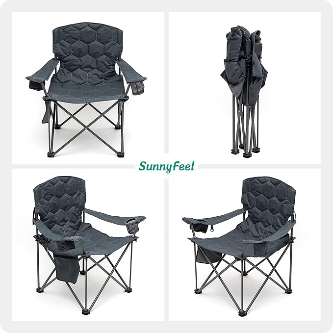 SUNNYFEEL XXL Oversized Camping Chair Heavy Duty 500 LBS for Big Tall People Above 6'4 Padded Portable Folding Sports Lawn Chairs with Armrest Cup Holder & Pocket for Outdoor/Travel/Picnic/Camp