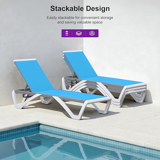 PURPLE LEAF Patio Chaise Lounge Chair Set Outside Aluminum Plastic Stackable Tanning Chairs with Side Table for Pool Sunbathing Beach Deck Outdoor Lounger, Turquoise Blue