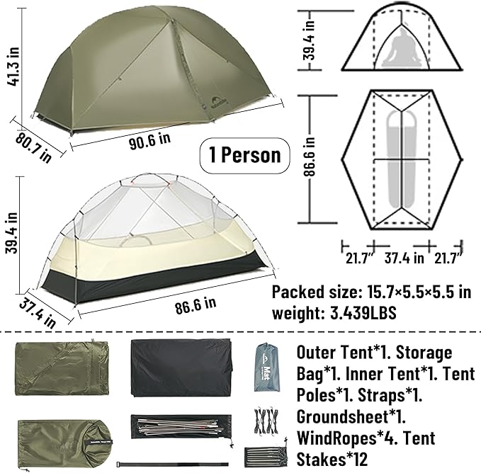 Naturehike Mongar Pro/Base Camping Tent, 1-3 Person Ultralight Backpacking Tent, PU3000mm, 20D Nylon 4 Season Waterproof, Mongar 2 Person UL Hiking Tent for Bike, Travel, Camp