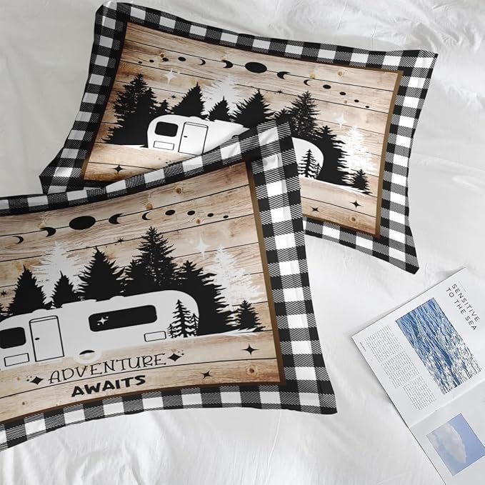 Comforter Set Queen Size, Camper Rv Camping 7 Pcs Bedding for Kids and Adults, Car Bed Sheet Sets with Fitted Sheet 2 Pillowcases & 2 Shams for Bedroom Bed Decor