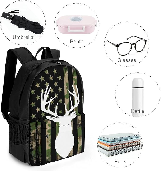 Lightweight Backpack for Gym Travel Bicycle, Big Capacity Multipurpose Anti-Theft Carry On Bag, Camouflage American Flag Hunting Deer Camo Travel Hiking Bag Day Pack