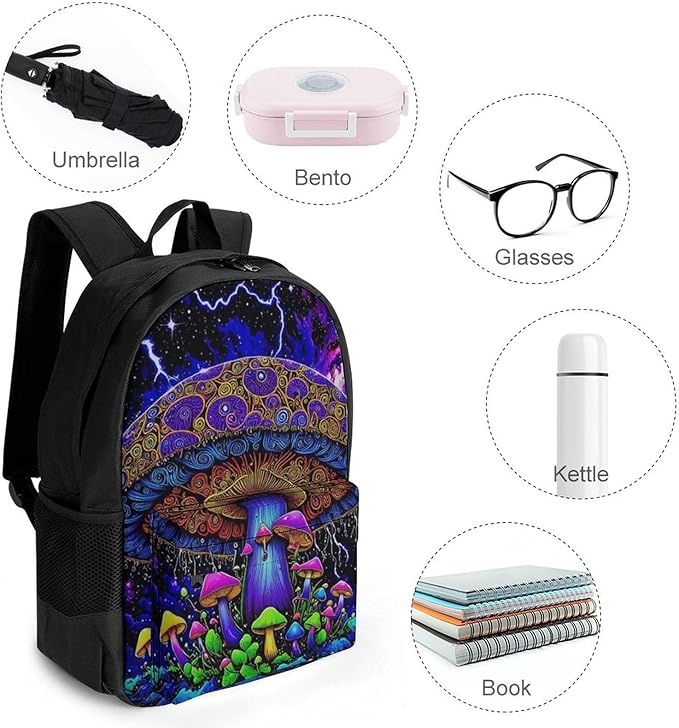 Supdreamc Daypack Bookbag Multipurpose Anti-Theft Big Capacity Carry On Bag, Psychedelic Magic Mushrooms Trippy Galaxy Space Art Travel Hiking Camping Rucksack With Padded Straps