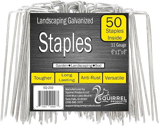 Squirrel Products Galvanized Steel Redrawn Garden Stakes, 6 Inch Lawn Staples, 11 Gauge Stakes, 2.9mm 15x2.5x15cm – 50 Pack