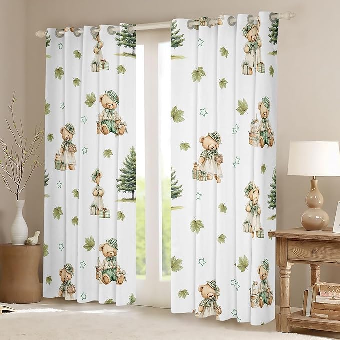 Princess Bears Window Curtain | Coquette Girly Window Treatment Curtain for Boys Bedroom Decor,Green Maple Leaf Curtains Cartoon Cakes Gifts Living Room Top 2 Panels,42Wx63L