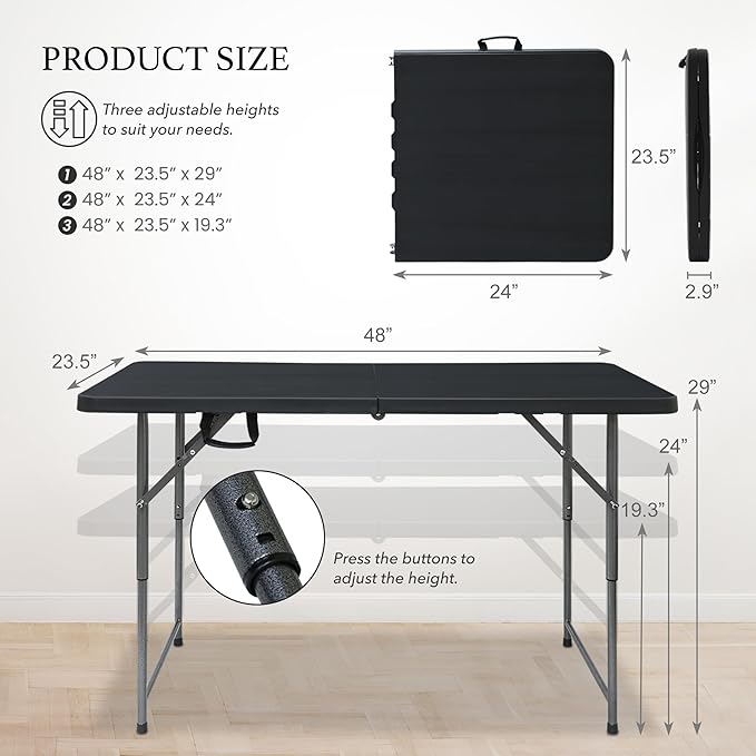 AJP Distributors 4 Foot Portable Plastic Folding Table 4FT 48" Half Foldable Heavy Duty Top w/Carry Handle - Indoor Outdoor Backyard Camping Picnic BBQ Party Wedding Dining Office Event Meeting Black