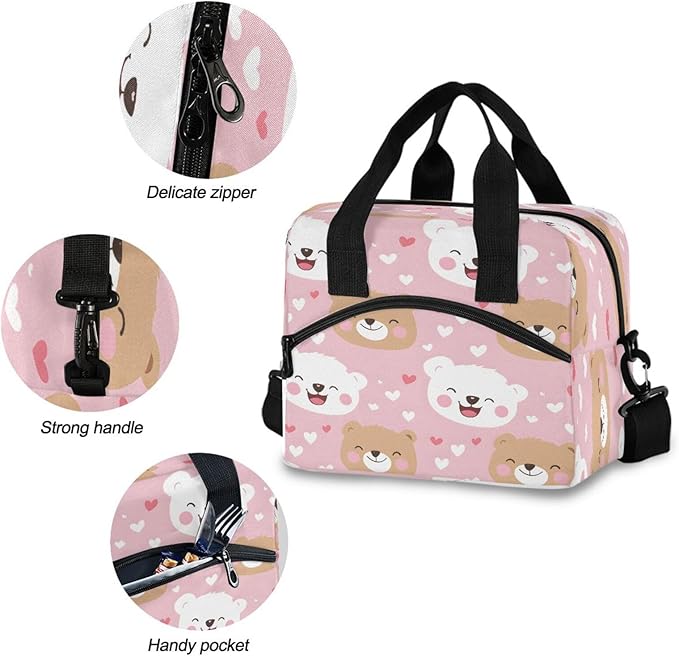 ALAZA White Bear Brown Pattern Lunch Box for Men Women Adults Insulated Lunch Bag Cooler Bag with Adjustable Shoulder Strap for Work Picnic Travel