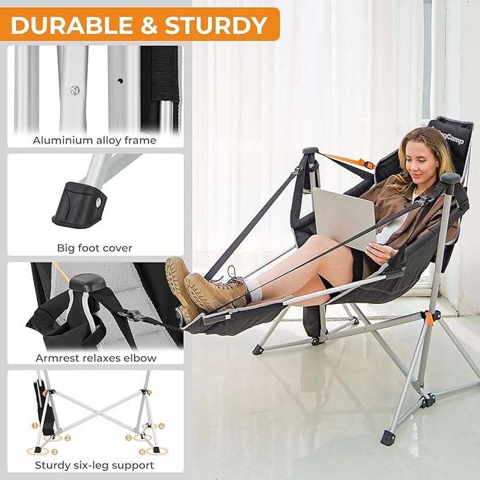 KingCamp Hammock Chair with Footrest, Swinging Portable Folding Camping Chairs for Adults MAX 440lbs Heavy Duty Foldable Oversized Rocker with Cup Holder Pillow for Outdoor Beach Patio Sport Lawn