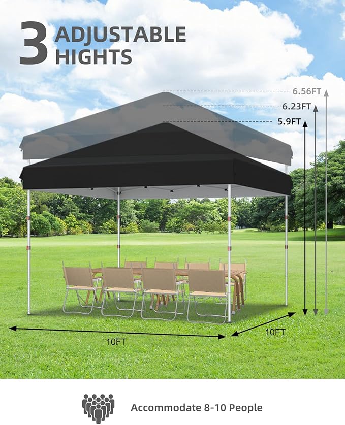 10x10 Pop Up Canopy Tent Outdoor Canopy with No Removable Sidewall One-Person Set Up Heavy Duty Commercial Instant Tent Shelter-Black
