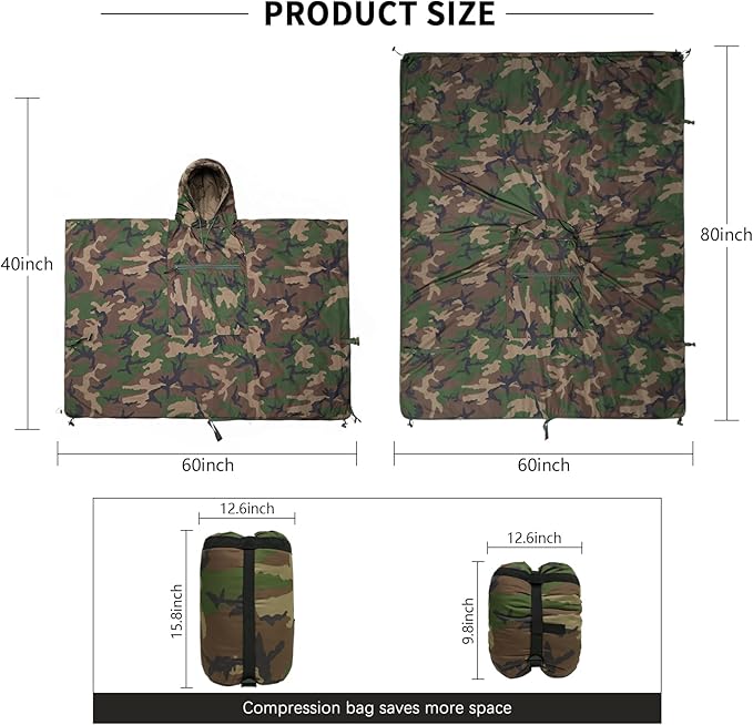 LOOGU Camo Blanket Waterproof Insulation Poncho Liner for Outdoor Camping, Hiking, Hunting, Survival, Backpacking, Picnicking