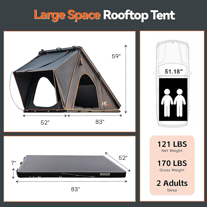 Naturnest Rooftop Tent Hard Shell, Easy Set Up Pop Up Tent for 2 Person Camping, Waterproof UV-Resistant Blackout Privacy 4 Season Tent for Pickup Truck, Jeep, SUV, Van, Trailer - Polaris