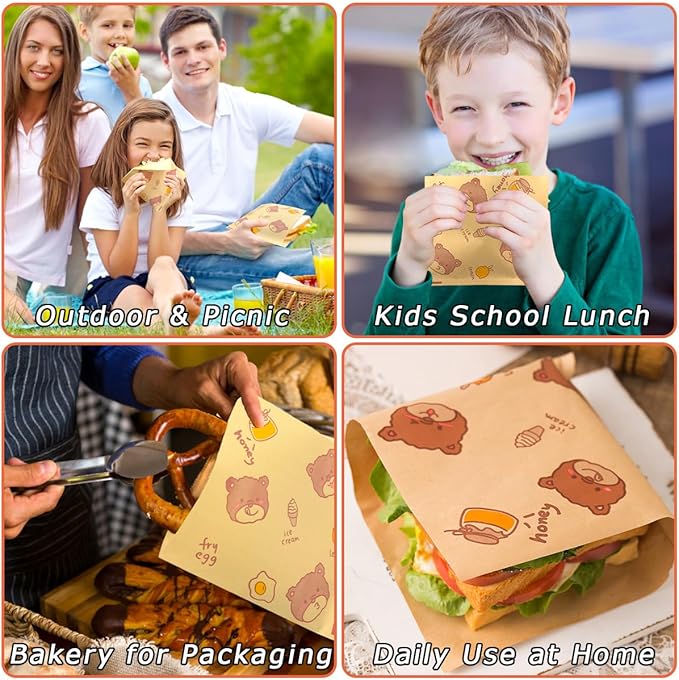 Soft Pretzel Bags 7"x7" Double Open Sandwich Bags 100Pcs, Grease-proof Parchment Paper Bags, Cute Bear Style Sandwich Wrappers for Cookie Snack Deli Bakery Family Daily Wrap