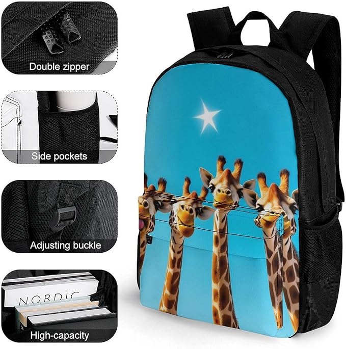 Supdreamc Polyester Daypack Backpack for Trekking Picnic Walking Cycling, Large Capacity Anti-Theft Multipurpose Shoulder Bag, Giraffe Selfie Casual Daypack