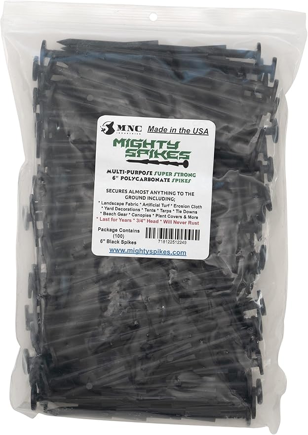 Mighty-Spikes™ Garden Stakes 100-Pack Black – 6" Super Strong, Rust & Break Resistant – Made in USA, Patented Design for Landscaping, Turf, Tarps, Tents & Camping – Reusable & Eco-Friendly