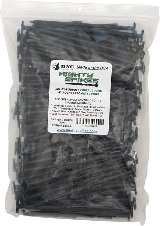 Mighty-Spikes™ Garden Stakes 100-Pack Black – 6" Super Strong, Rust & Break Resistant – Made in USA, Patented Design for Landscaping, Turf, Tarps, Tents & Camping – Reusable & Eco-Friendly