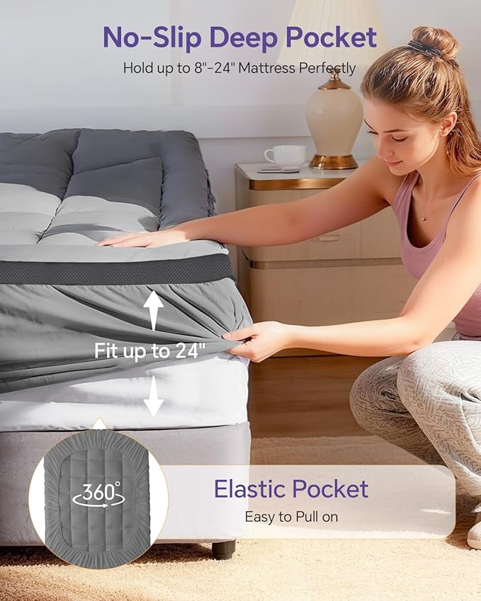 Dual Layer 4 Inch Memory Foam Mattress Topper Twin XL - 2 Inch Gel Memory Foam and 2 Inch Pillow Top Mattress Pad, 7-Zone Egg Crate Twin XL Size Mattress Topper (Grey)