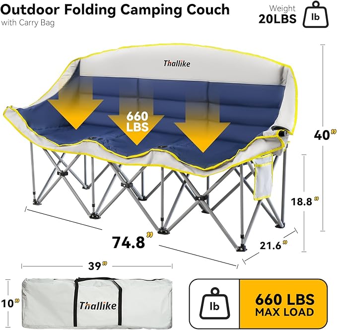 Double Camping Chair – 2-3 Person Outdoor Folding Sofa with Cup & Wine Glass Holders – Oversized Loveseat Camping Couch for Campfire, RV, Backyard – Supports Up to 660 lbs