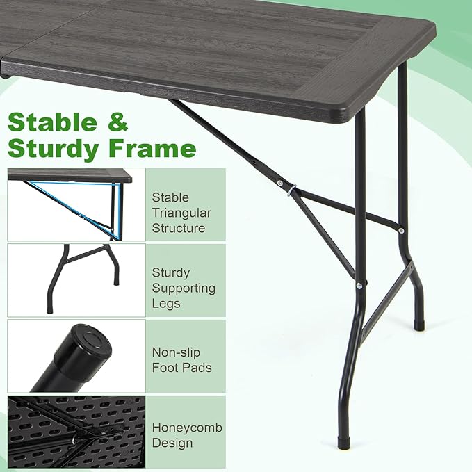 Tangkula 5FT Folding Table, Indoor Outdoor Foldable Plastic Table with HDPE Tabletop, Sturdy Metal Fame, Carrying Handle, 4-6 Person Picnic Table for Camping BBQ Party