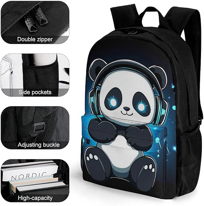 Supdreamc Daypack Backpack Polyester Multipurpose Anti-Theft Animal Headphones Music Cute Panda Shoulder Bag Big Capacity Gym Outdoor Hiking Backpack With Smooth Zippers