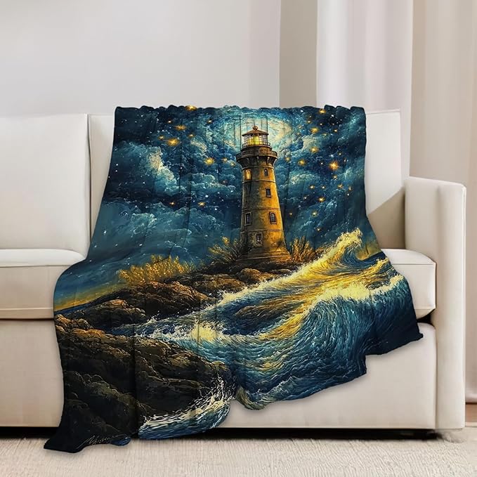 Lighthouse Blanket Coastal Lighthouse Starry Night Throw Blankets Gifts for Girls Boys Kids Soft Cozy Fleece Plush for Couch Sofa Bed 50"x40"