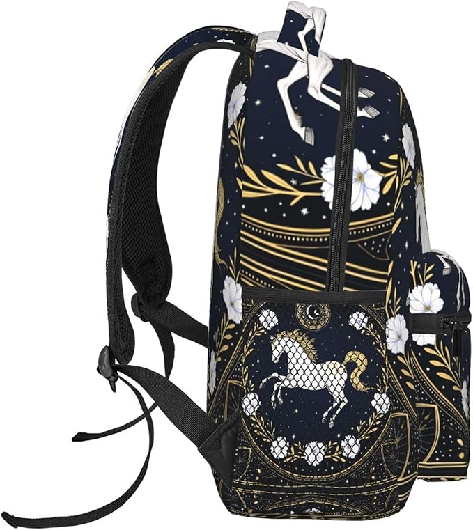 Daypack Bookbag Anti-Theft Multipurpose Large Capacity Bookbag, Running White Horse Starry Sky Flowers Elegant Art Travel Hiking Camping Rucksack With Adjustable Shoulder Straps