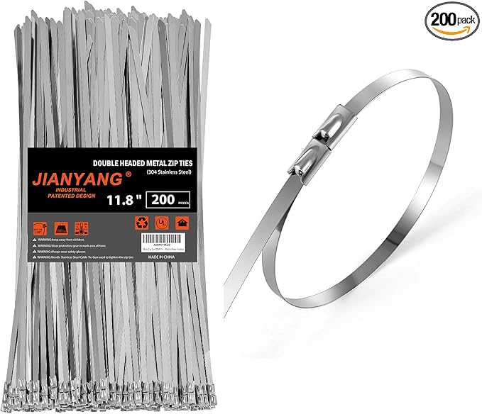 Metal Zip Ties (200PCS 11.8 Inch), 304 Stainless Steel, 300 LBS Heavy Duty Double Headed Self-locking Multi-Purpose Cable Ties for Exhaust Wrap, Chain Link Fence Parts, Machinery, Cables, Farms, Roofs