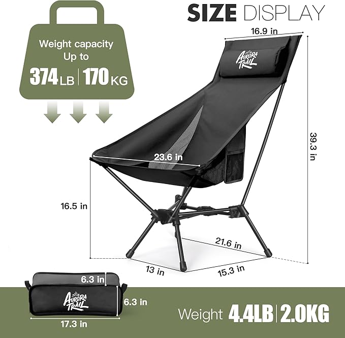 Compact Folding Camping Chair,Backpacking Chair,Supports 374lbs,Portable Travel & Hiking Chair,Lightweight Design,Perfect for Hiking Gear, Picnics and Traveling
