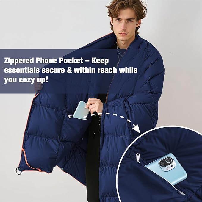 Down Camping Blanket - Navy Blue, 1lb 6oz / 77 * 52'' Lightweight Packable Warm Puffy Travel Quilt with Footbox, 650 Fill Power Waterproof Outdoor Blankets for Hiking, Travel Down Quilt